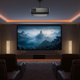 Emerson 150 inch home theater LCD projector in luxury living room with cinematic display