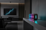Wireless portable Bluetooth speaker with LED lights in modern entertainment space