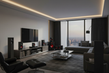 Modern living room with red surround sound system