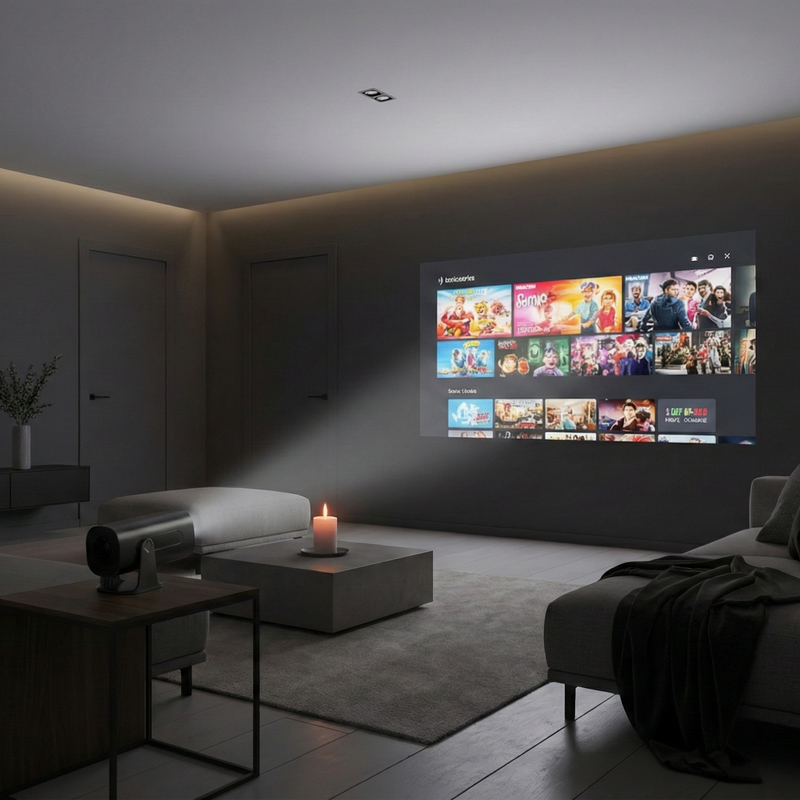 Mini home projector used for streaming movies in a modern dark living room with soft ambient lighting and minimalist decor