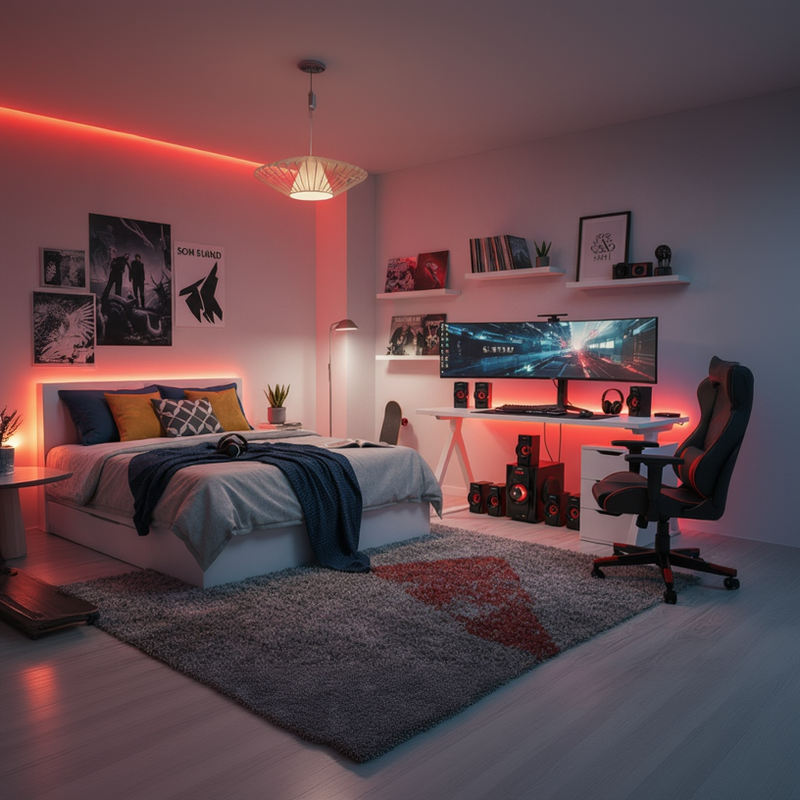 Stylish teen room with audio setup